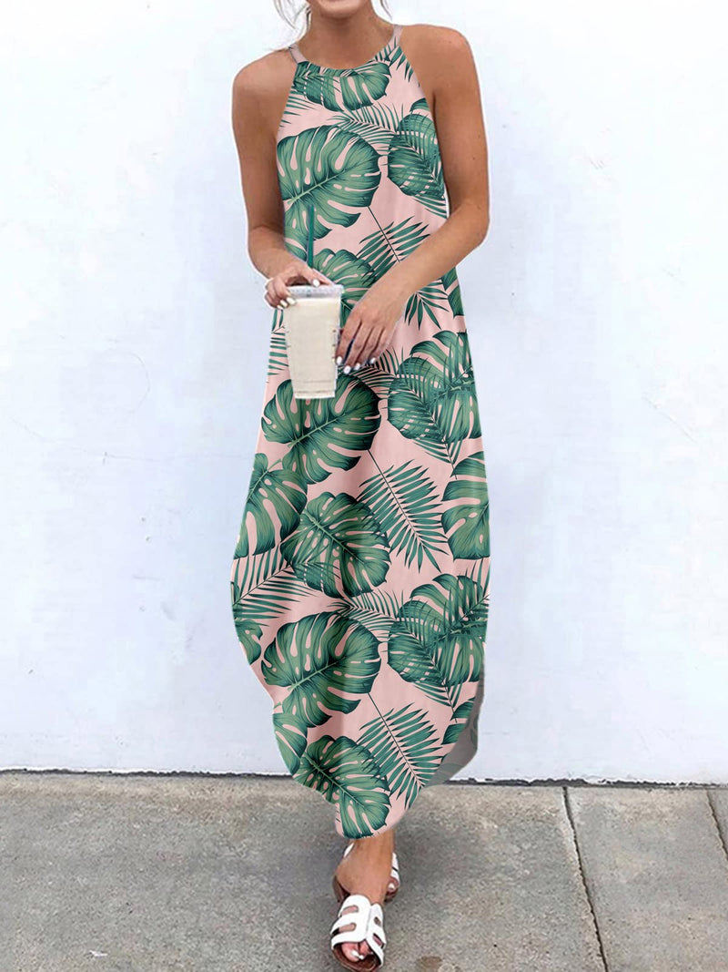 Women's Dresses Hanging Neck Leaf Print Slit Dress