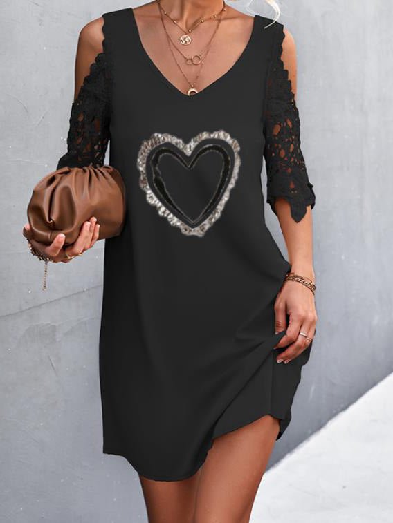 Women's Dresses Heart Print Lace Off Shoulder Short Sleeve Dress