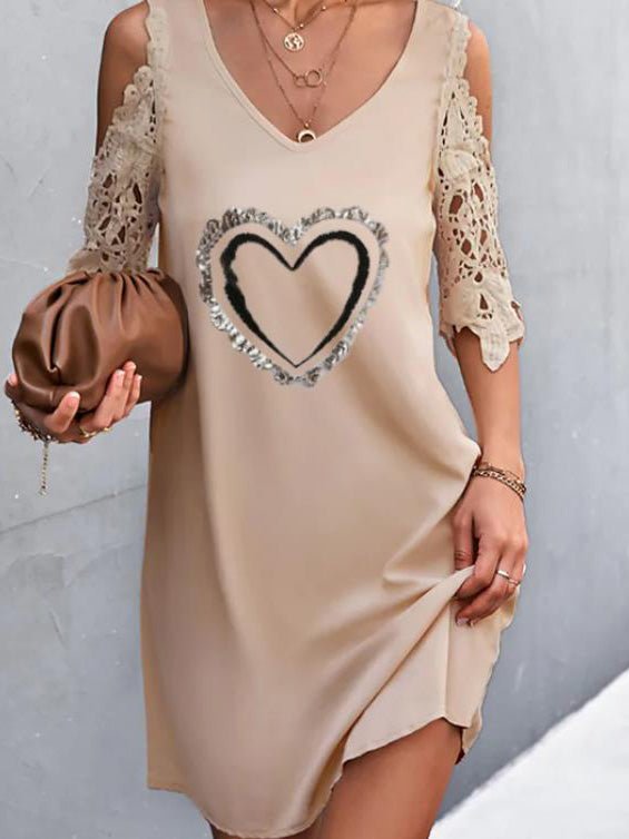 Women's Dresses Heart Print Lace Off Shoulder Short Sleeve Dress