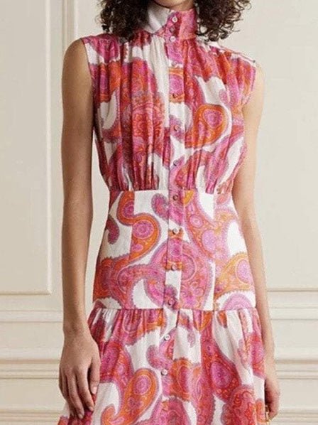 Women's Dresses High Neck Button Sleeveless Print Dress