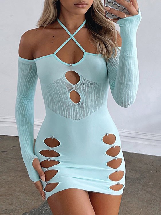 Women's Dresses Hollow Halter Mesh Panel Long Sleeve Dress