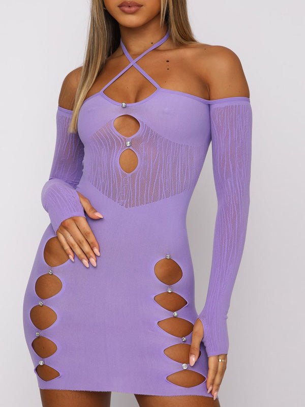 Women's Dresses Hollow Halter Mesh Panel Long Sleeve Dress