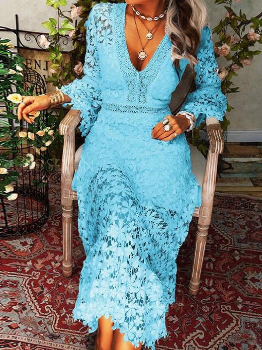 Women's Dresses Hollow Lace V-Neck Long Sleeve Dress