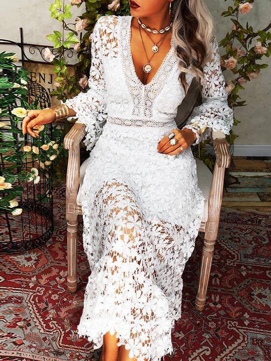 Women's Dresses Hollow Lace V-Neck Long Sleeve Dress