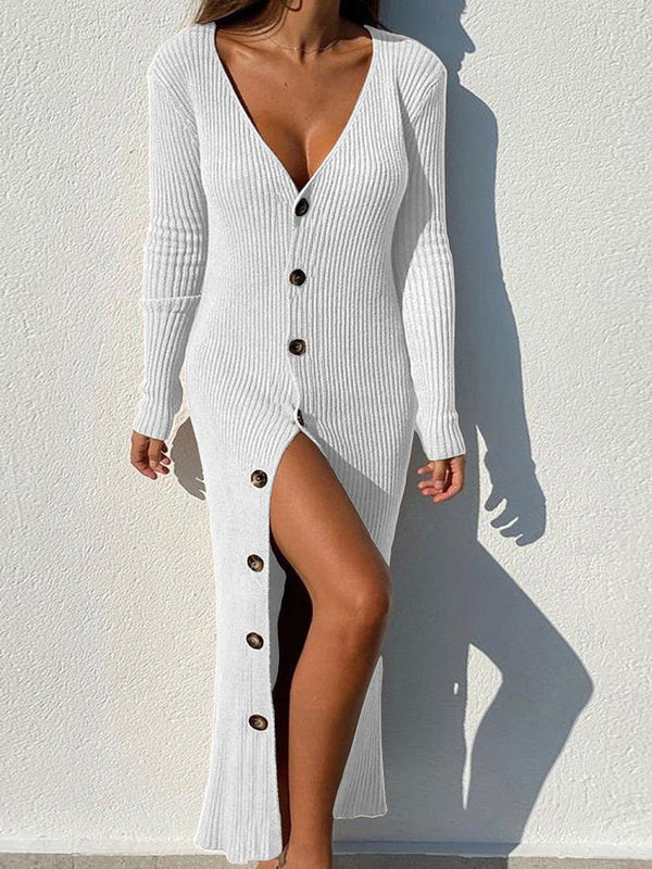 Women's Dresses Knitting Thread Button Long Sleeve Maxi Dress