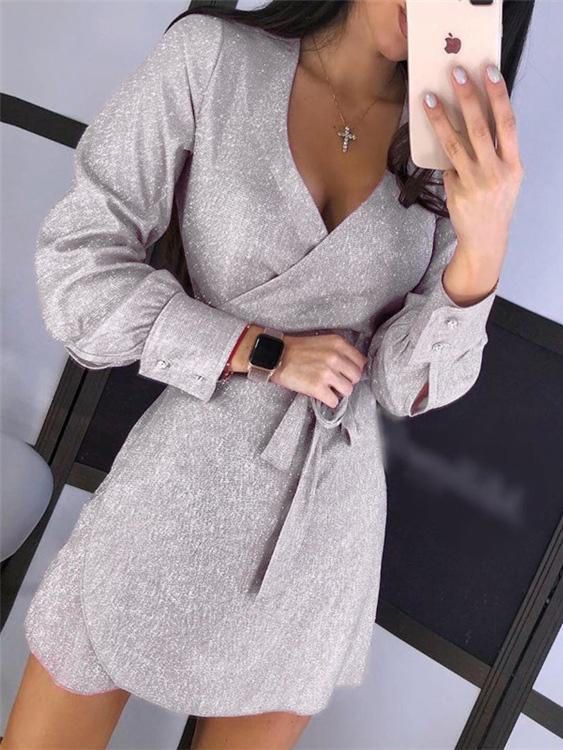 Lace-Up V-Neck Long Sleeve Sequined Dress