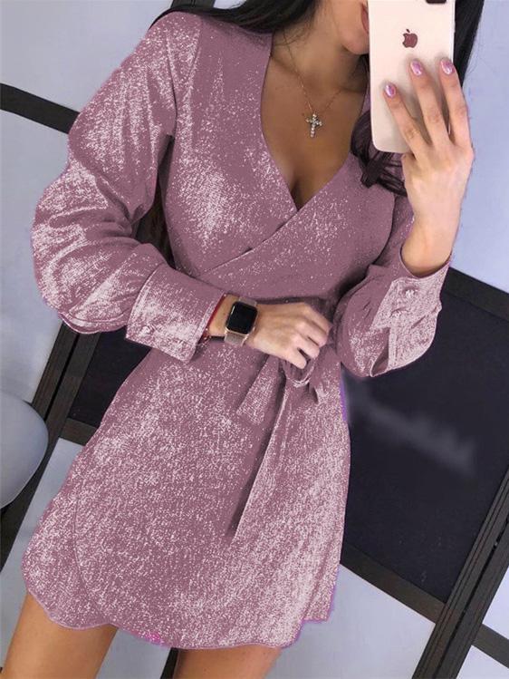 Lace-Up V-Neck Long Sleeve Sequined Dress