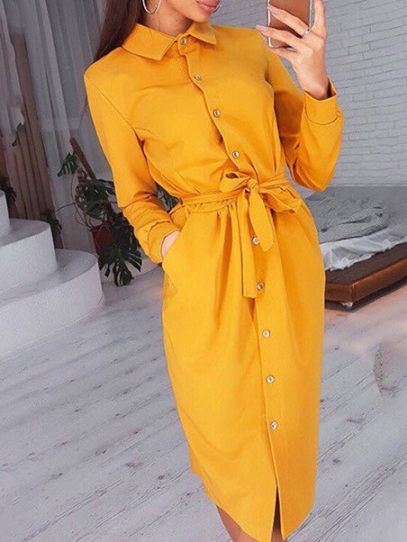 Women's Dresses Lapel Button Tie Long Sleeve Shirt Dress