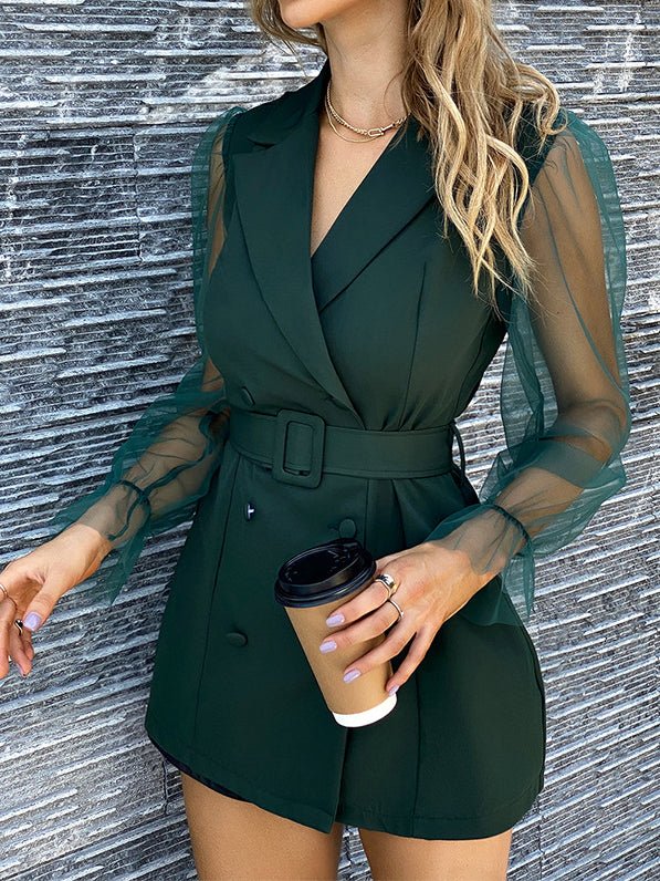 Women's Dresses Lapel Double-Breasted Mesh Long Sleeve Dress