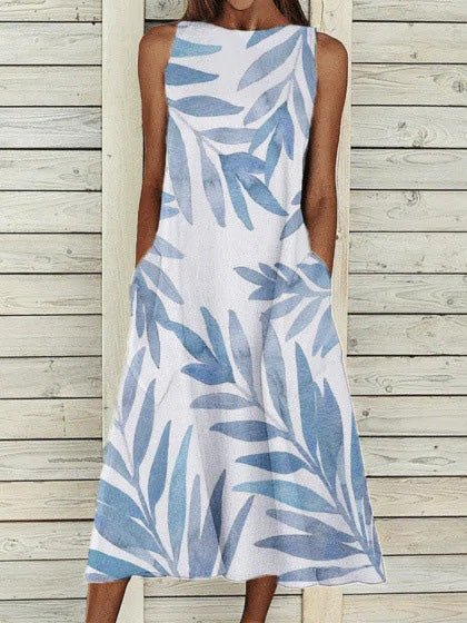 Women's Dresses Leaf Print Crew Neck Sleeveless Dress