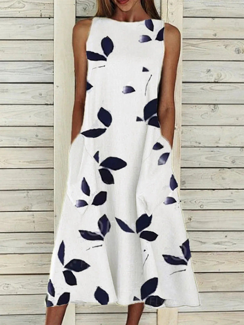 Women's Dresses Leaf Print Crew Neck Sleeveless Dress