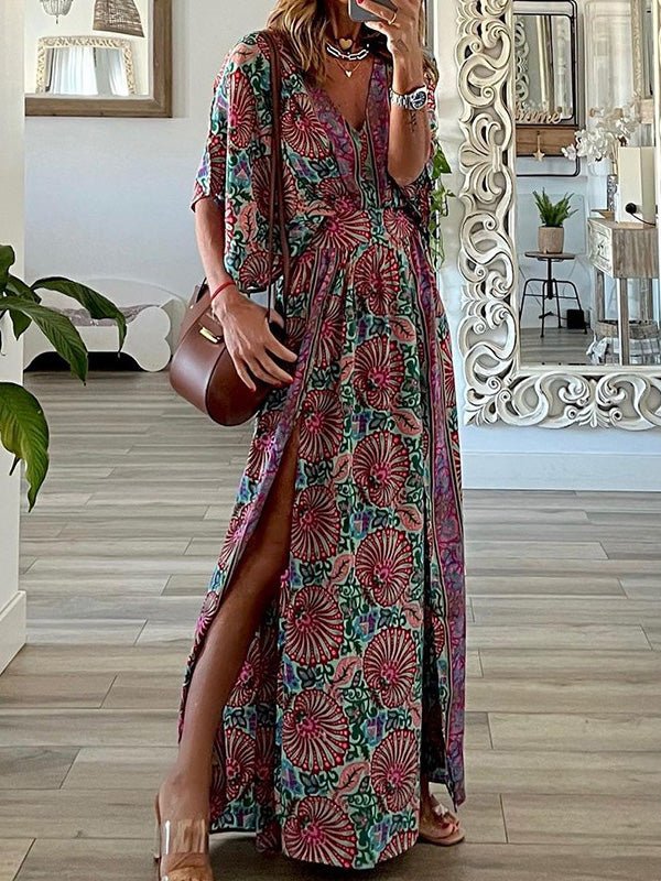 Women's Dresses Loose Boho Print V-Neck Slit Dress