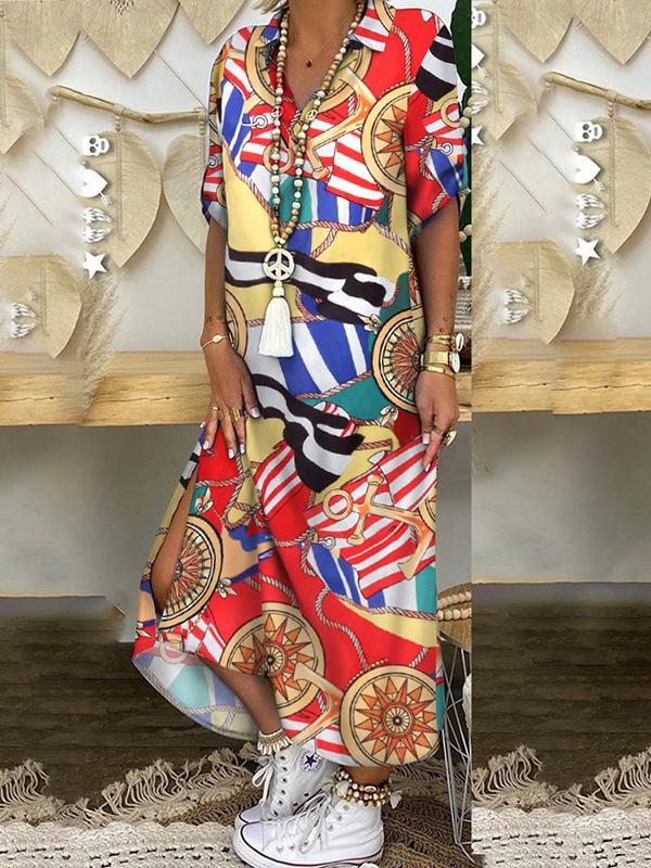 Women's Dresses Loose Printed Split Shirt Maxi Dress