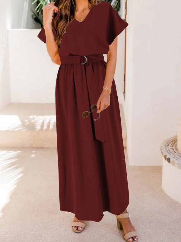 Women's Dresses Loose Solid Belt Short Sleeve Dress