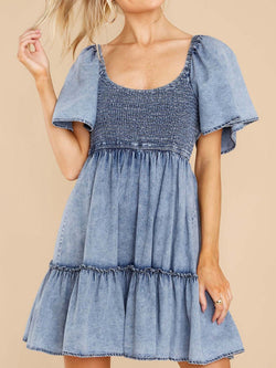 Women's Dresses Loose Square Neck Short Sleeve Denim Dress