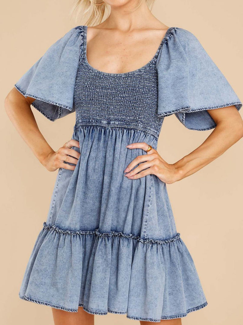 Women's Dresses Loose Square Neck Short Sleeve Denim Dress