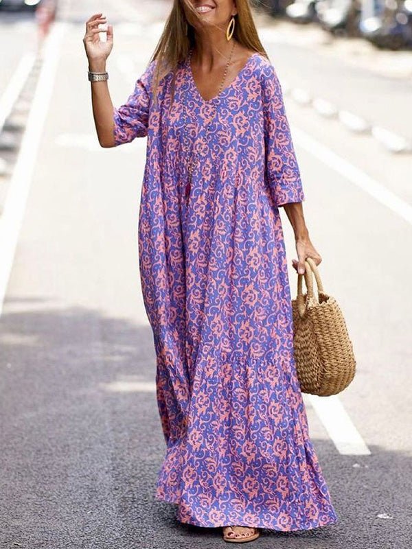 Women's Dresses Loose V-Neck 3/4 Sleeve Print Dress