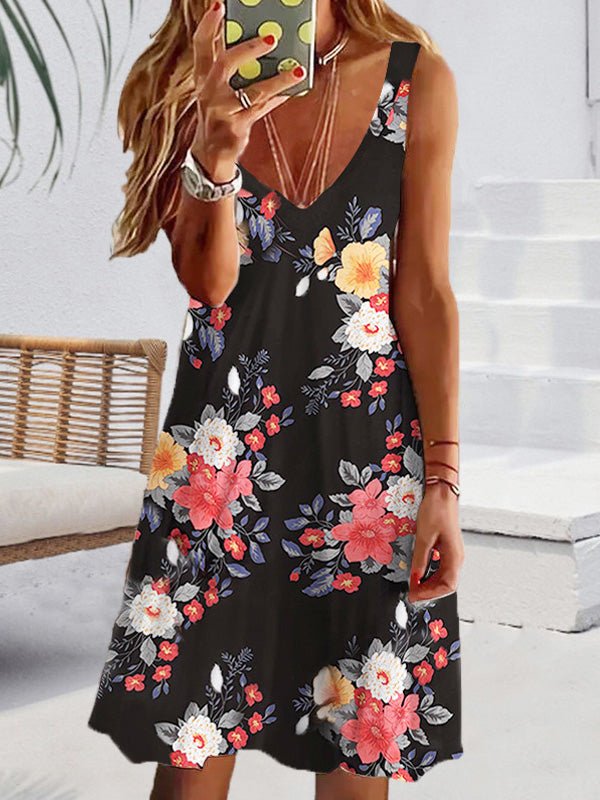 Women's Dresses Loose V-Neck Floral Print Sleeveless Dress