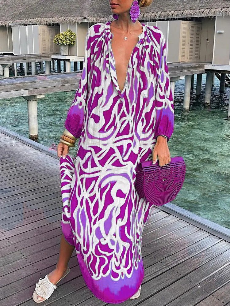 Women's Dresses Loose V-Neck Long Sleeve Print Dress