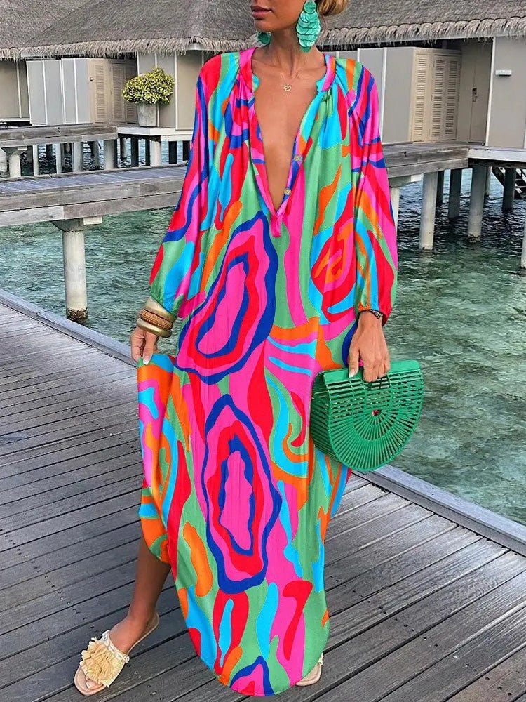 Women's Dresses Loose V-Neck Long Sleeve Print Dress