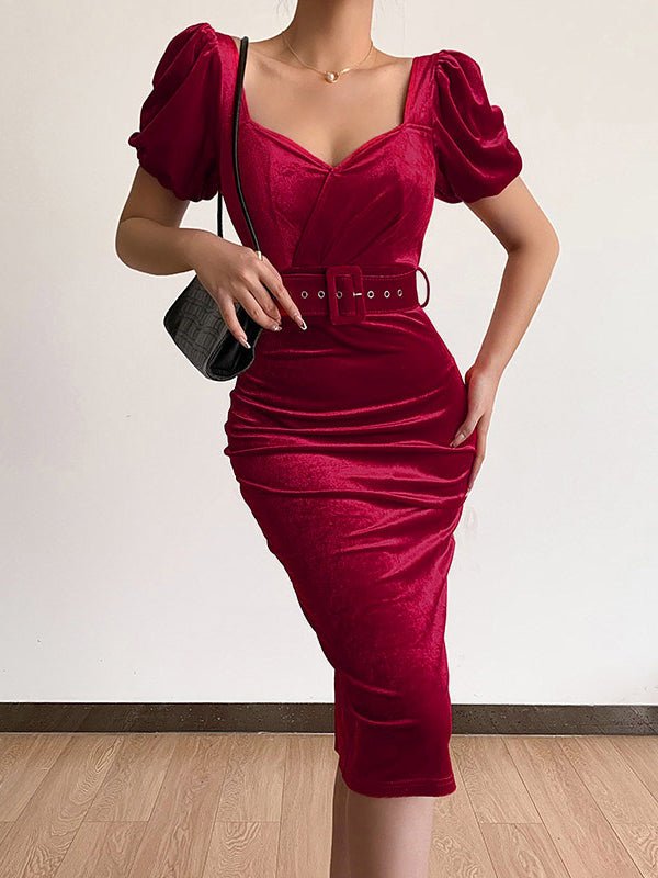 Women's Dresses Low Neck Puff Sleeve Velvet Tight Dress