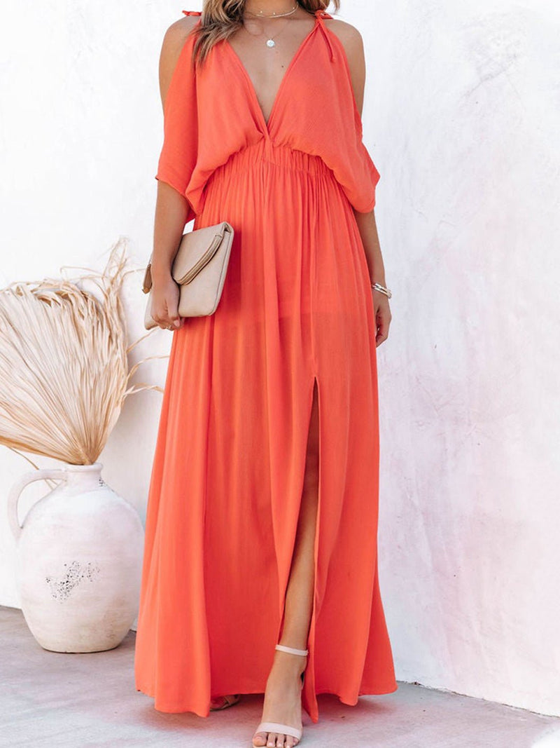 Women's Dresses Off-Shoulder Open-Back Deep V-Neck Slit Dress