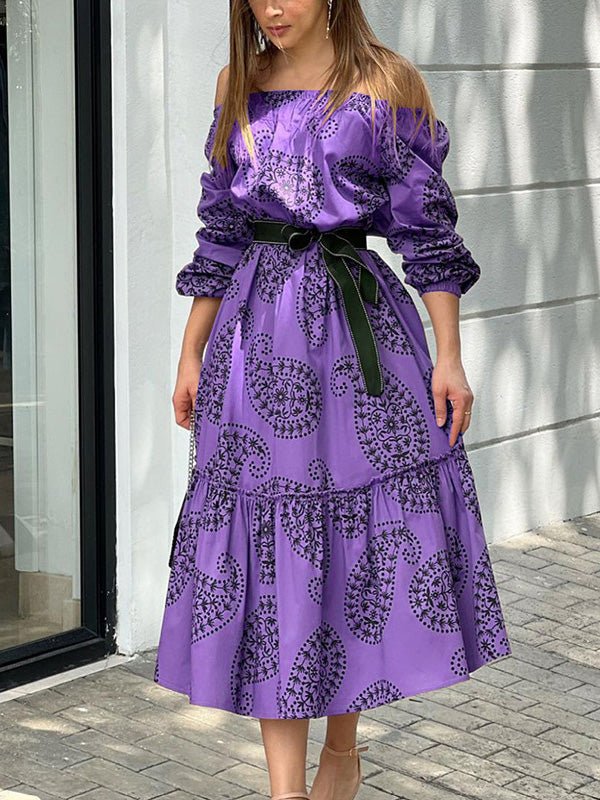 Women's Dresses One-Shoulder Belted Long Sleeve Print Dress