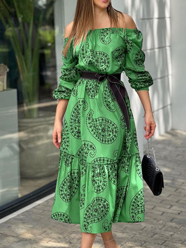 Women's Dresses One-Shoulder Belted Long Sleeve Print Dress