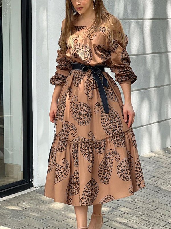 Women's Dresses One-Shoulder Belted Long Sleeve Print Dress