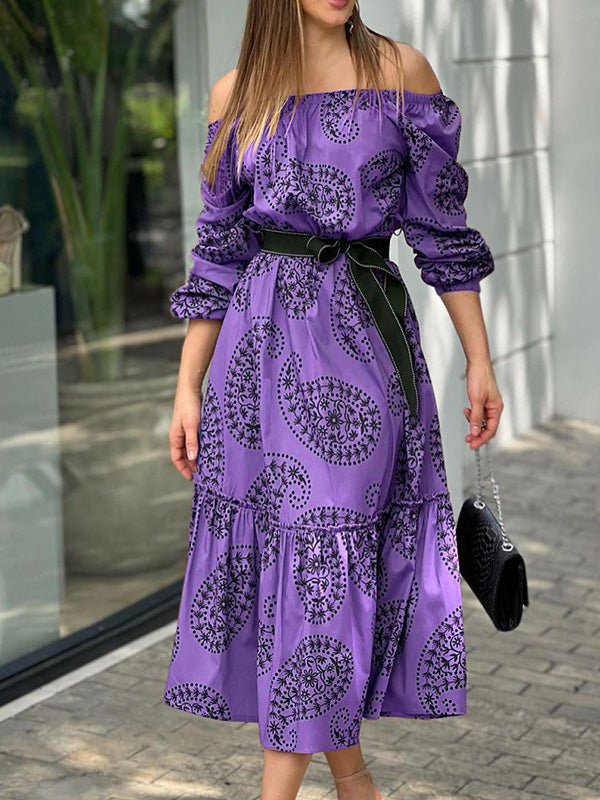 Women's Dresses One-Shoulder Belted Long Sleeve Print Dress