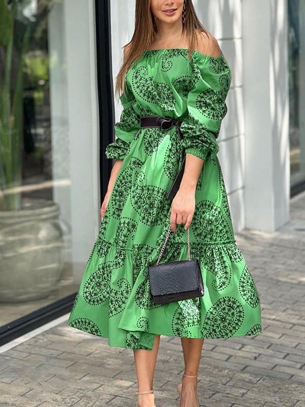 Women's Dresses One-Shoulder Belted Long Sleeve Print Dress