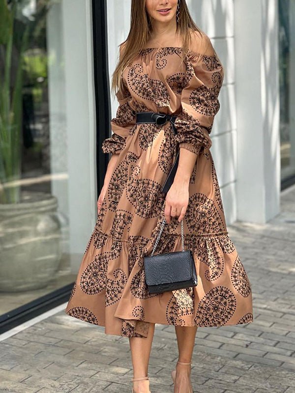 Women's Dresses One-Shoulder Belted Long Sleeve Print Dress