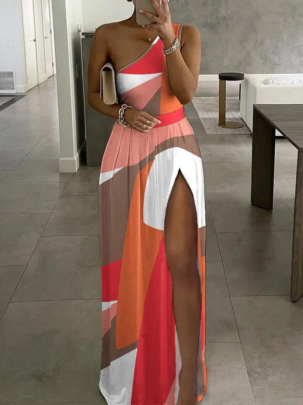 Women's Dresses One Shoulder Print Slit Dress