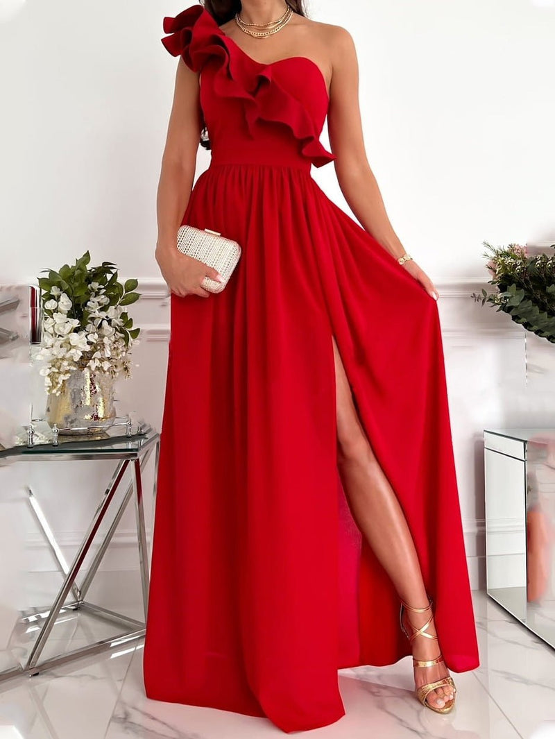 Women's Dresses One Shoulder Ruffle Sleeveless Slit Dress