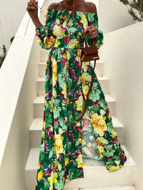 Women's Dresses One Word Collar Floral Print Long Sleeve Slit Dress