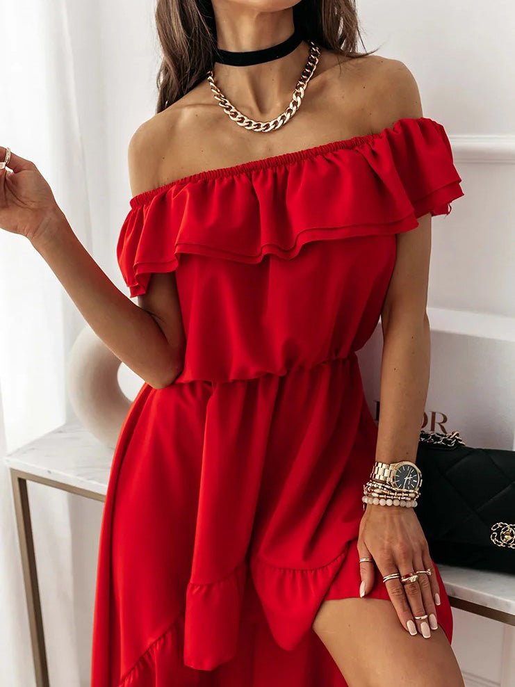 Women's Dresses One Word Collar Ruffle Irregular Dress