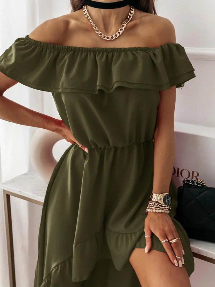 Women's Dresses One Word Collar Ruffle Irregular Dress