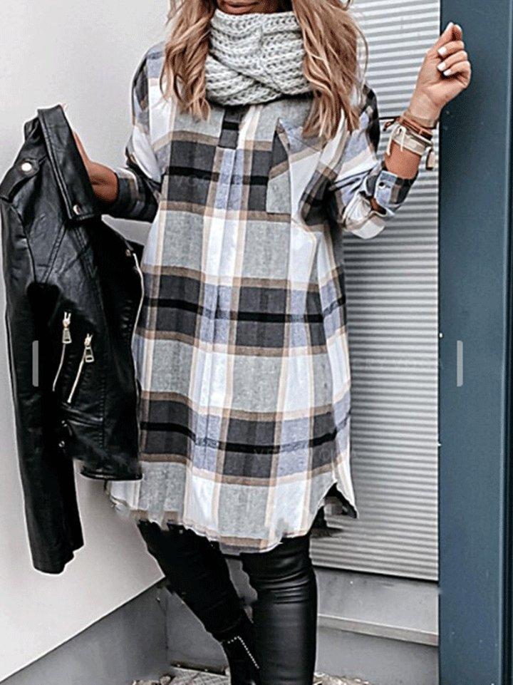 Plaid Pocket Long Sleeve Shirt Dress