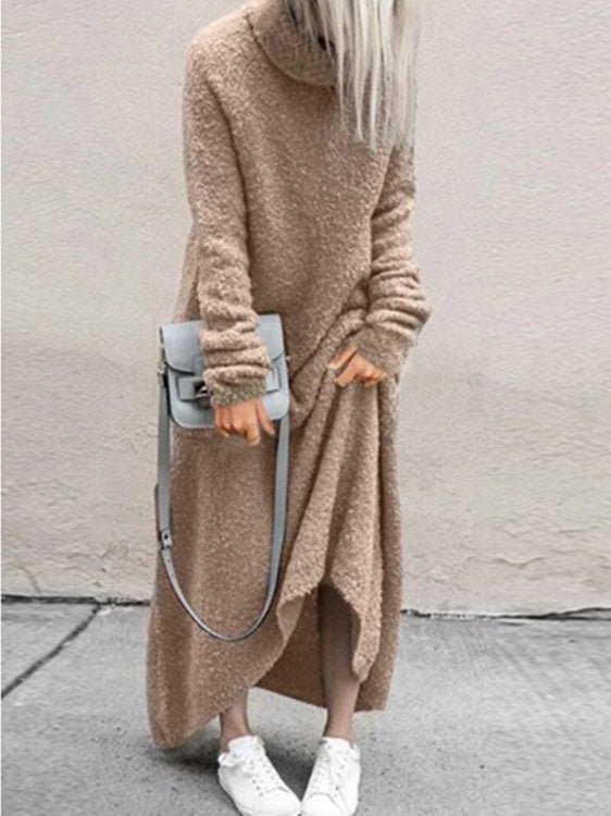 Women's Dresses Plush Solid Turtleneck Long Sleeve Dress