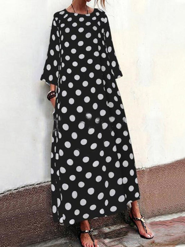 Women's Dresses Polka Dot Crew Neck Mid Sleeve Pocket Dress