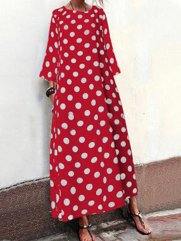 Women's Dresses Polka Dot Crew Neck Mid Sleeve Pocket Dress