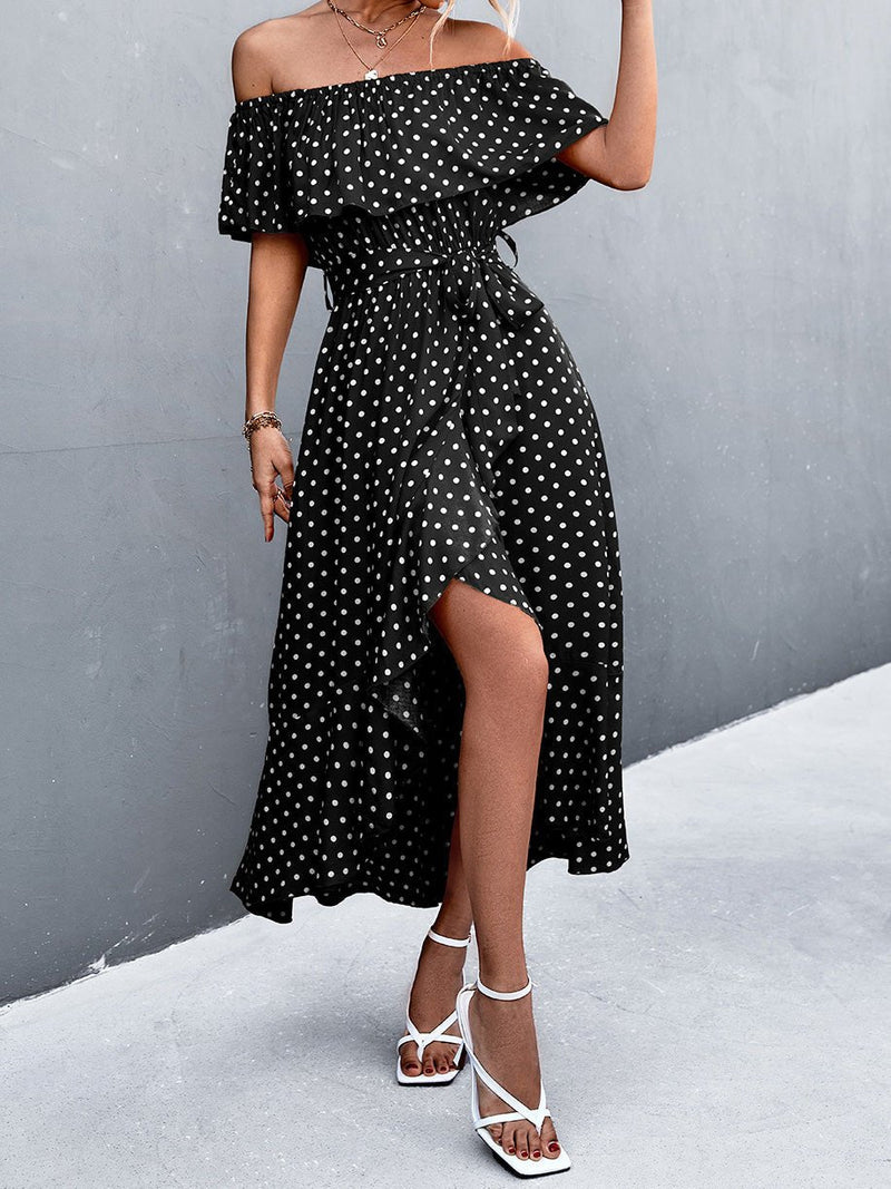 Women's Dresses Polka Dot Off-Shoulder Irregular Ruffle Slit Dress