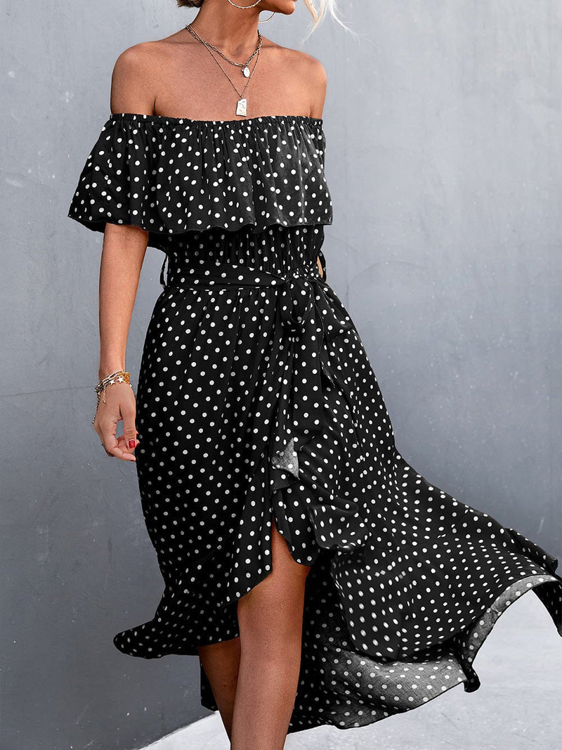 Women's Dresses Polka Dot Off-Shoulder Irregular Ruffle Slit Dress