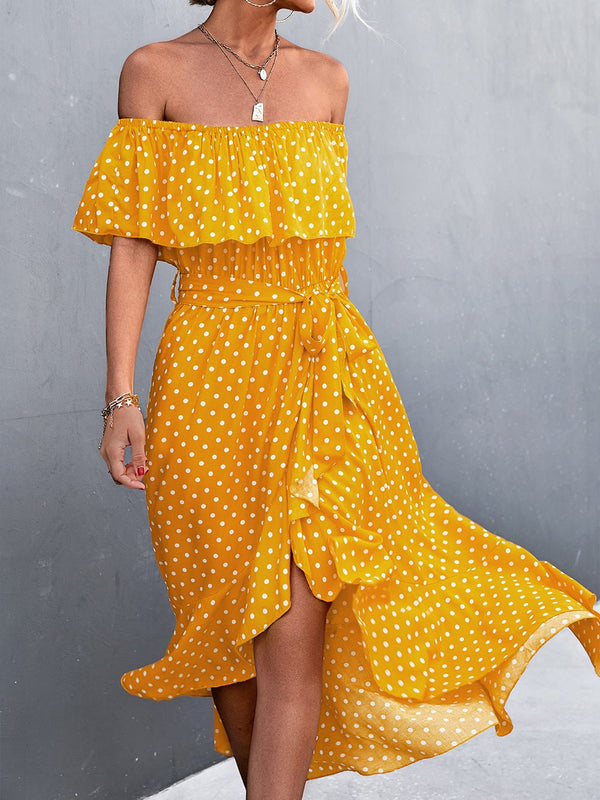 Women's Dresses Polka Dot Off-Shoulder Irregular Ruffle Slit Dress