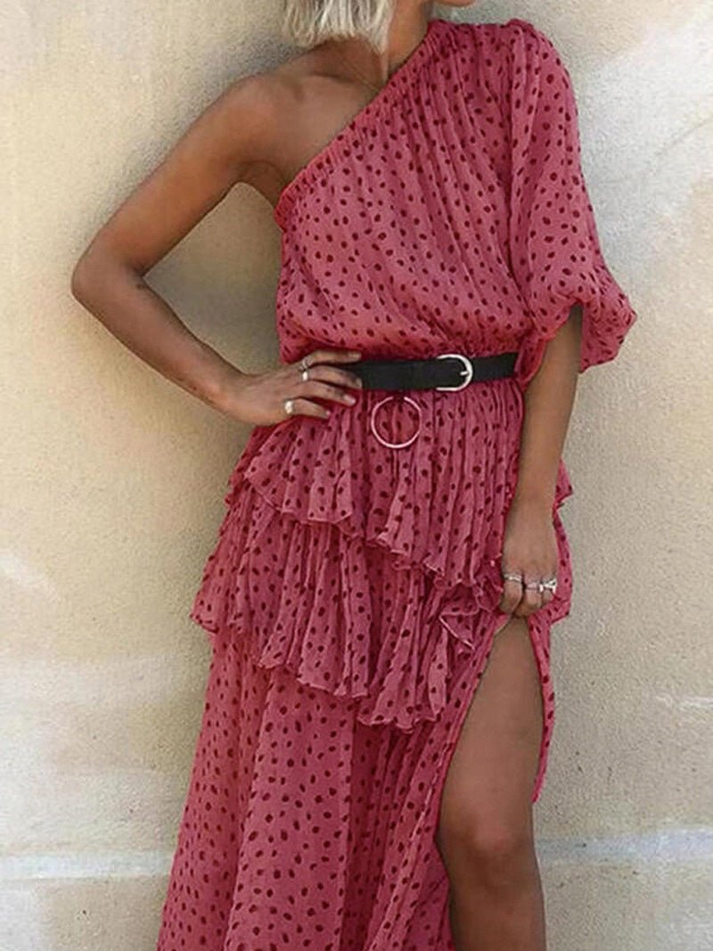 Women's Dresses Polka Dot Print Sloping Shoulder Split Chiffon Dress