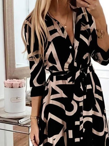 Women's Dresses Print Lace-Up Long Sleeve Shirt Dress