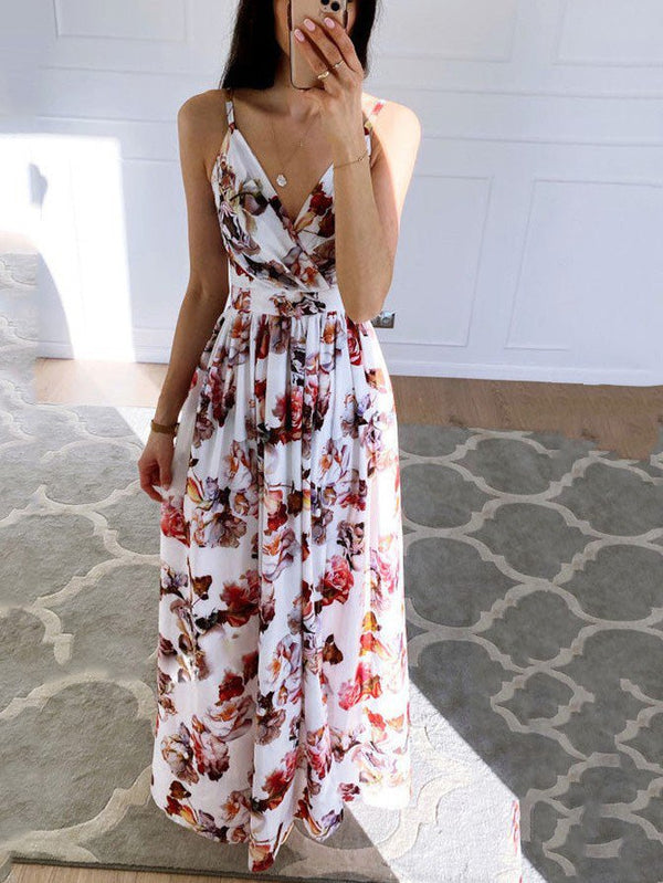 Women's Dresses Printed Deep V-Neck Slit Sling Dress