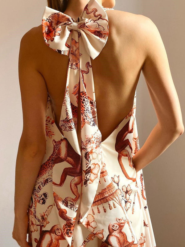 Women's Dresses Printed Halter Bare Back Bow Dress