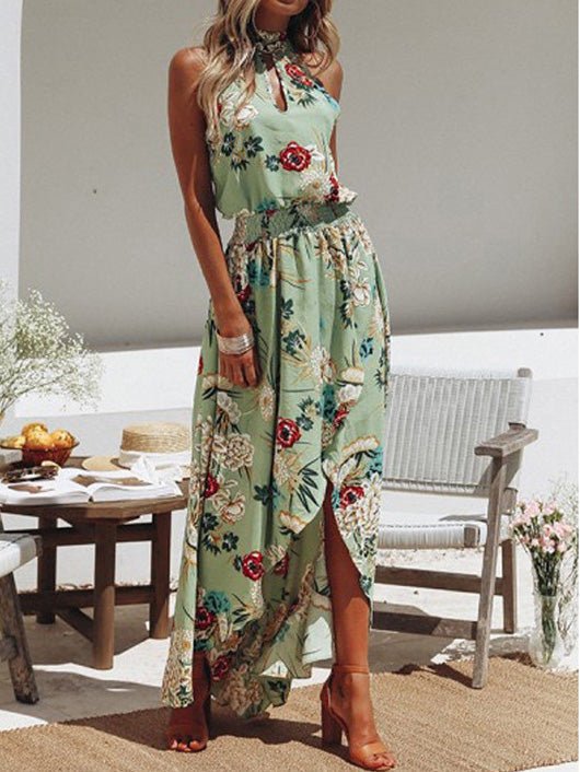 Women's Dresses Printed Halter Off Shoulder Elastic Waist Irregular Dress