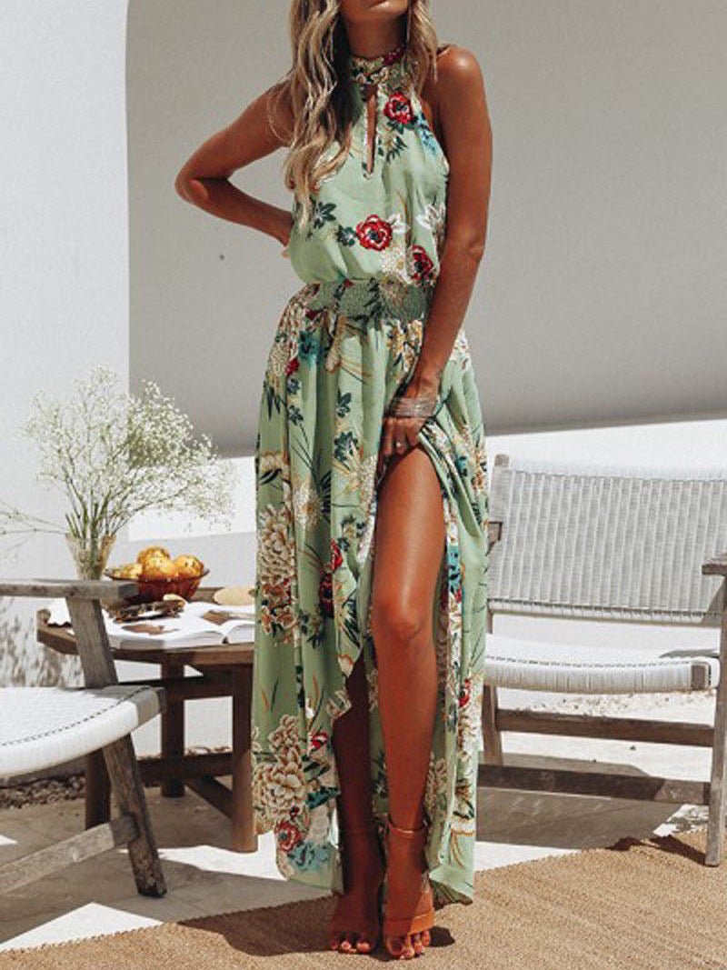 Women's Dresses Printed Halter Off Shoulder Elastic Waist Irregular Dress